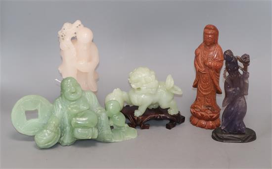 Four Chinese hardstone figures and a soapstone figure of Shou Lao